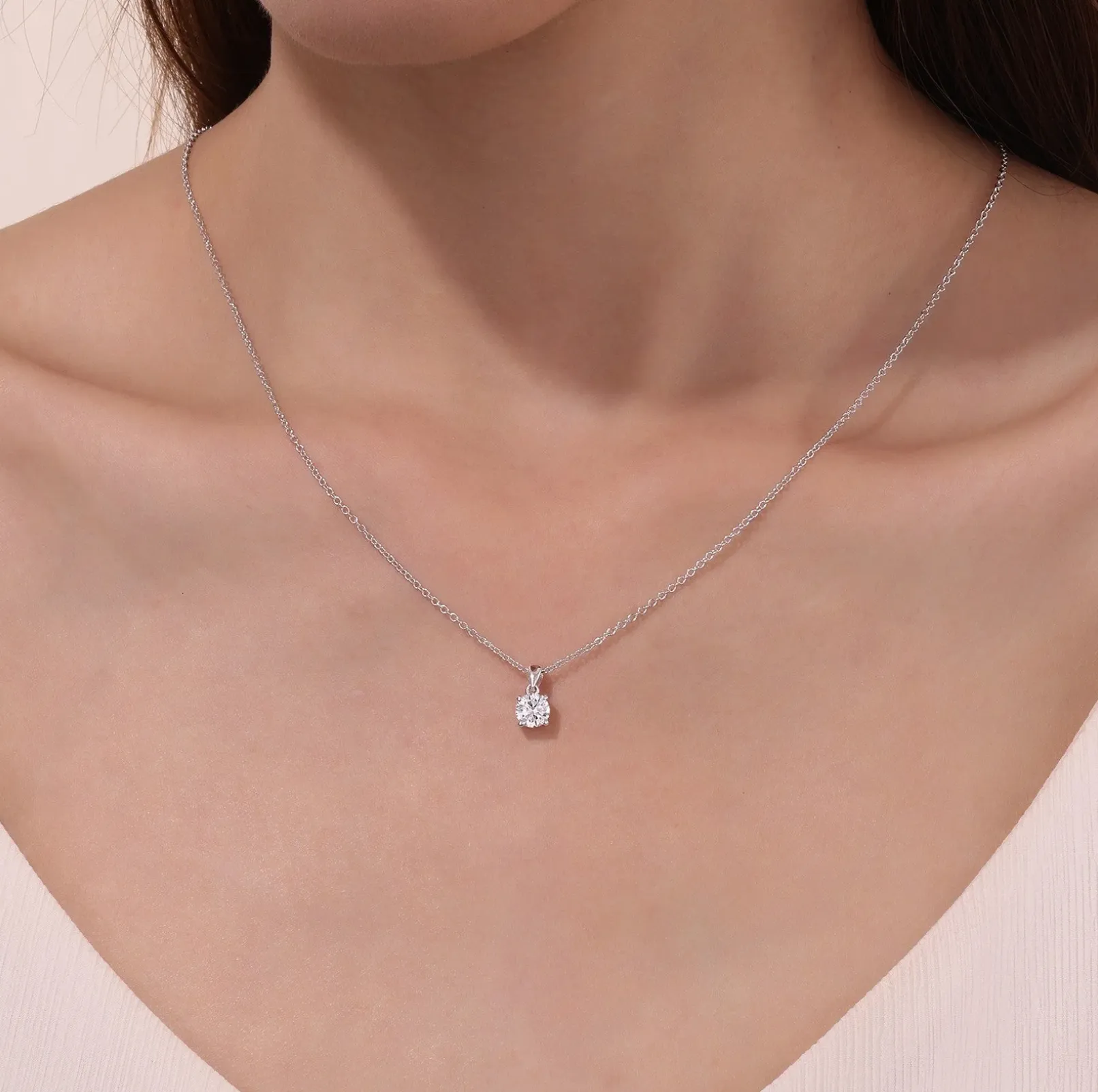 0.85 CTW Silver 4-Prong Solitaire Necklace