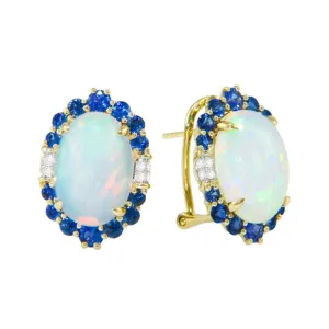 14K Yellow Gold 8.75ctw Opal, Blue Sapphire, & Diamond Halo Stud Earrings by Bellarri