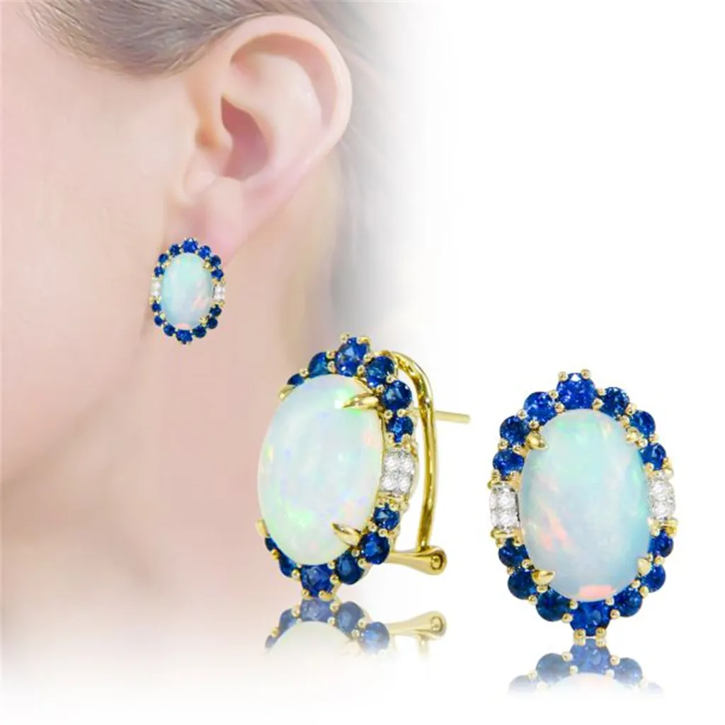 14K Yellow Gold 8.75ctw Opal, Blue Sapphire, & Diamond Halo Stud Earrings by Bellarri