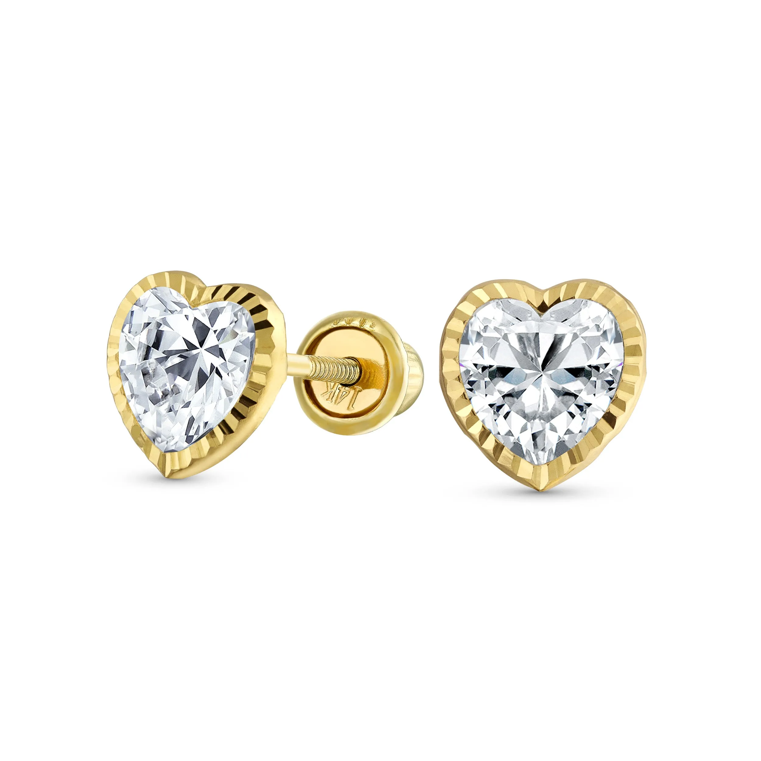 14K Yellow Gold CZ Bezel Heart Stud Earrings for Girlfriend