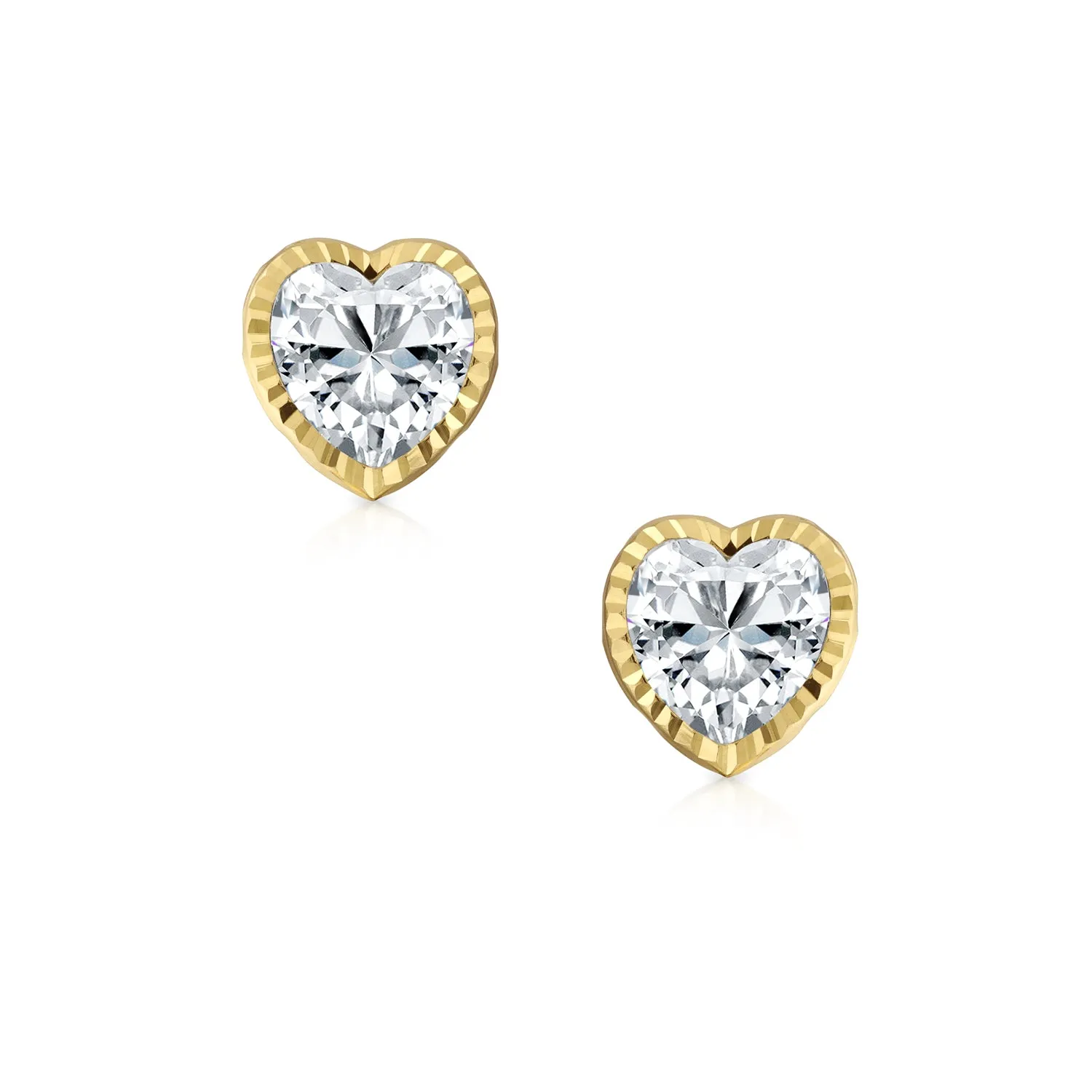 14K Yellow Gold CZ Bezel Heart Stud Earrings for Girlfriend