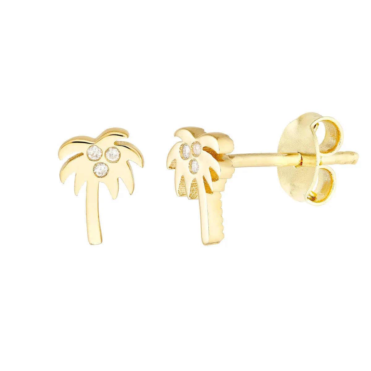 14K Yellow Gold Diamond Palm Tree Stud Earrings