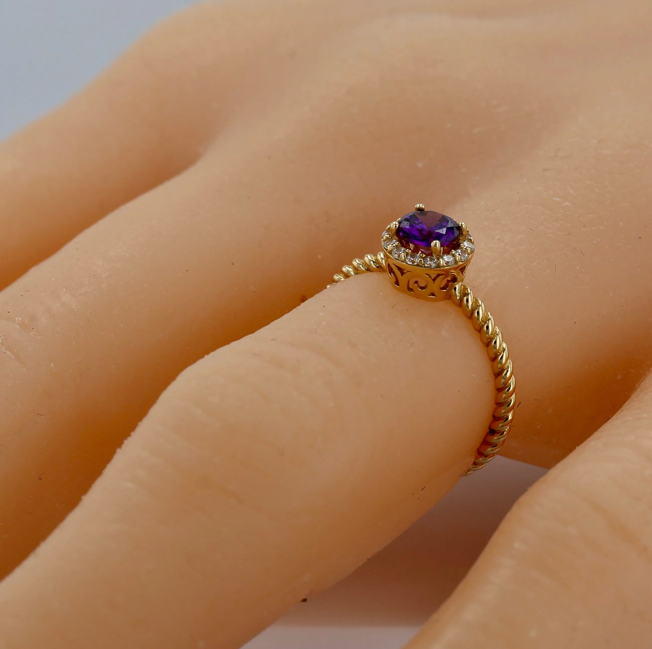 14K Yellow gold rope ring amethyst lab ring-222310