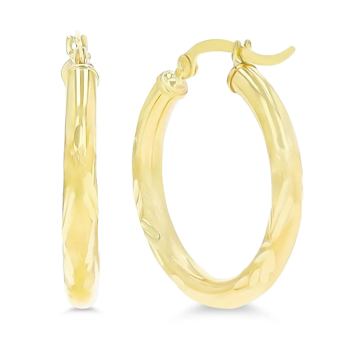 14KT Yellow Gold 3X25MM Hoop Diamond-cut Earrings