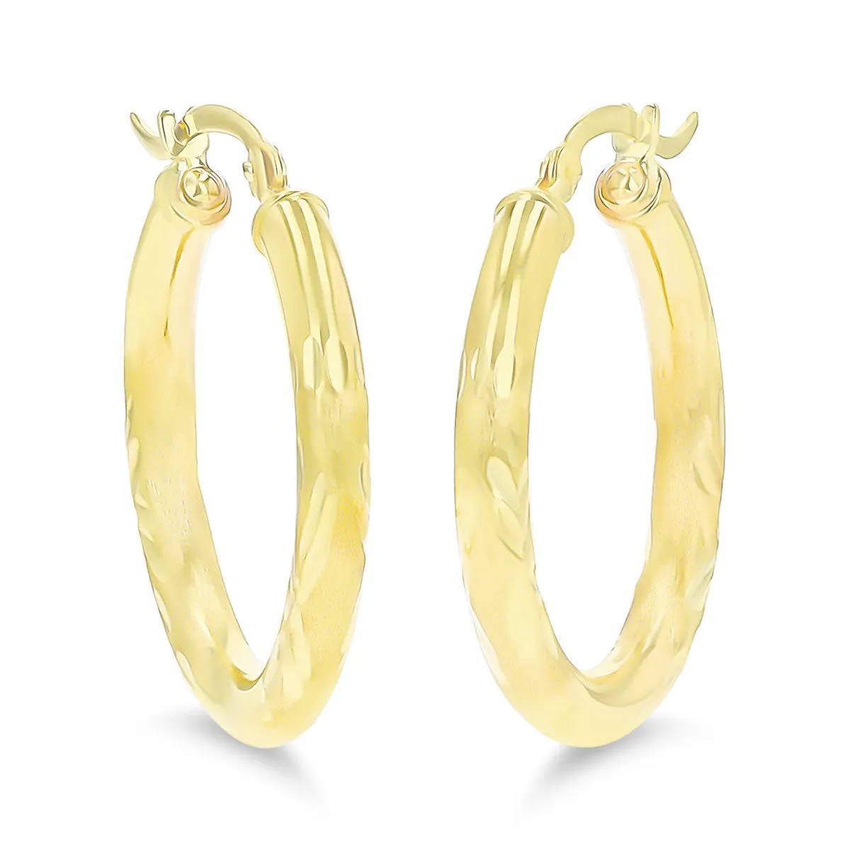 14KT Yellow Gold 3X25MM Hoop Diamond-cut Earrings