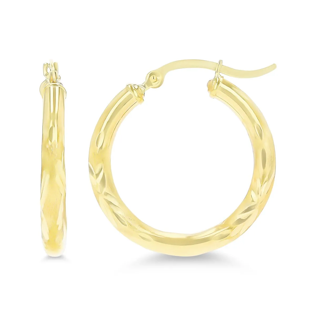 14KT Yellow Gold 3X25MM Hoop Diamond-cut Earrings