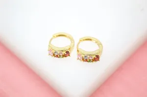 18K Gold Filled Huggies Earrings With MultiColor Round And Oval CZ Cubic Zirconia Stones