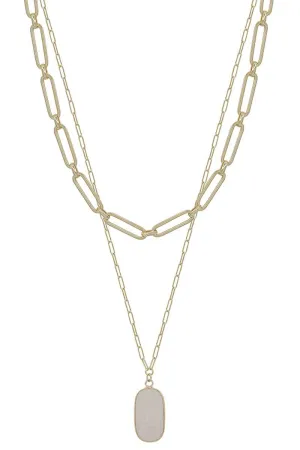 2 Layered Metal Chain Stone Pendant Necklace