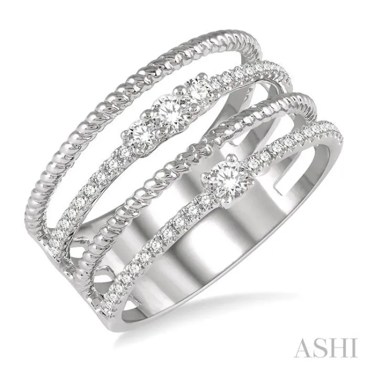 3/8 ctw Rope and Round Diamond Multi Row Layered Fashion Ring in 14K White Gold