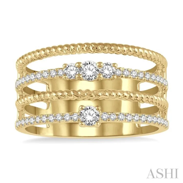 3/8 ctw Rope and Round Diamond Multi Row Layered Fashion Ring in 14K Yellow Gold