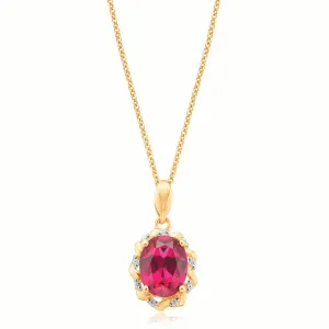 9ct Yellow Gold Oval Cut 9X7mm Created Ruby & Diamond Set Pendant