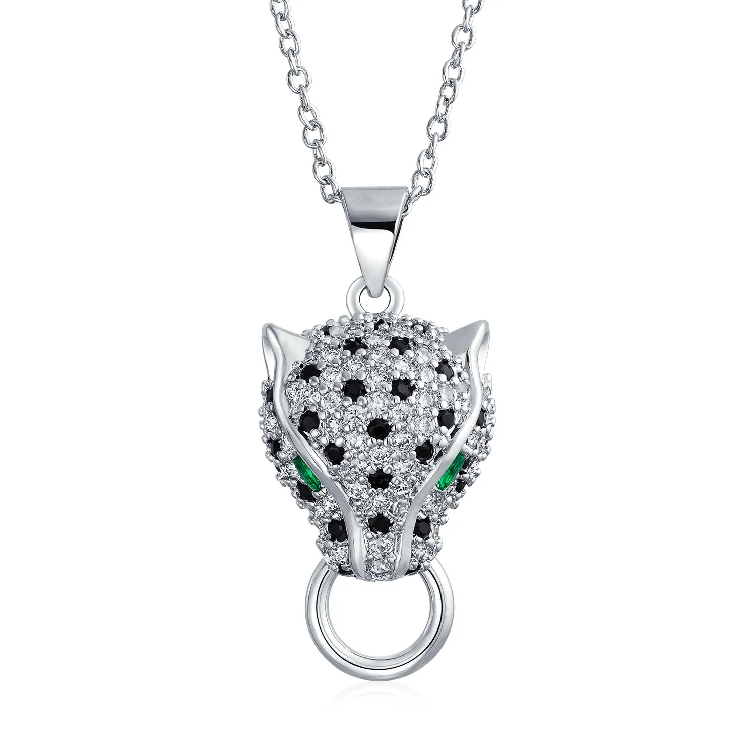 Art Deco Style Panther Pendant Necklace with Green Eye CZ Silver Plated Brass