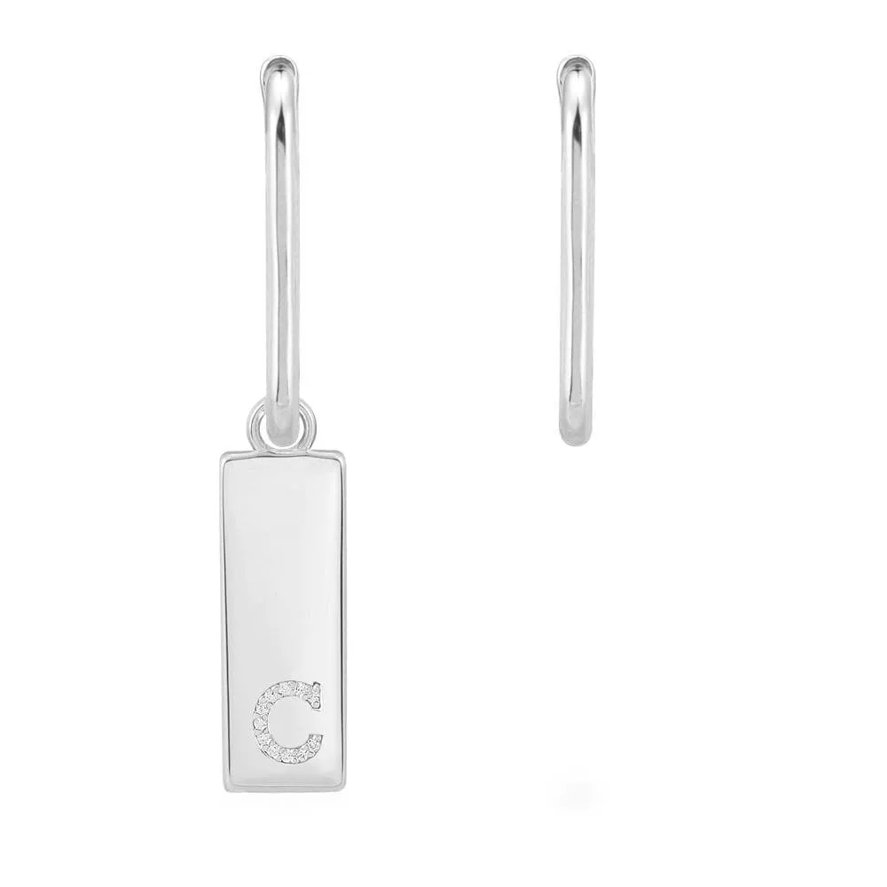 Asymmetric Alphabet Plate Earring And Rectangle - White Silver