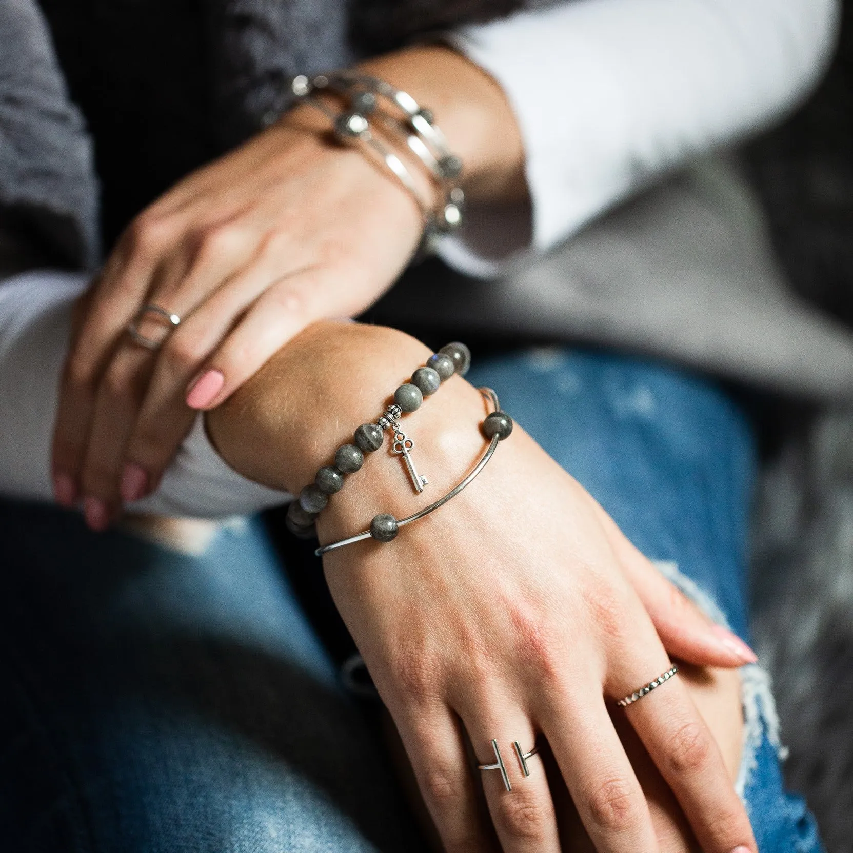 Baby Feet | Stone Beaded Charm Bracelet | Labradorite