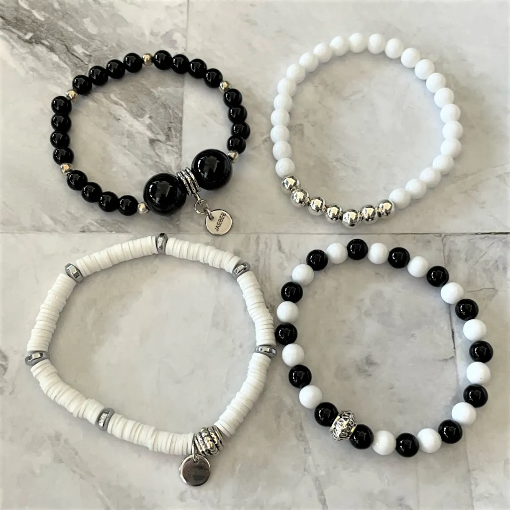 Black and White Silver Beaded Bracelet Stack