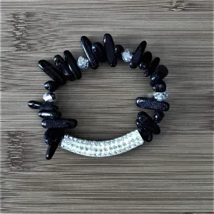 Black Natural Stick Stone and Silver Crystal Bar Bracelet