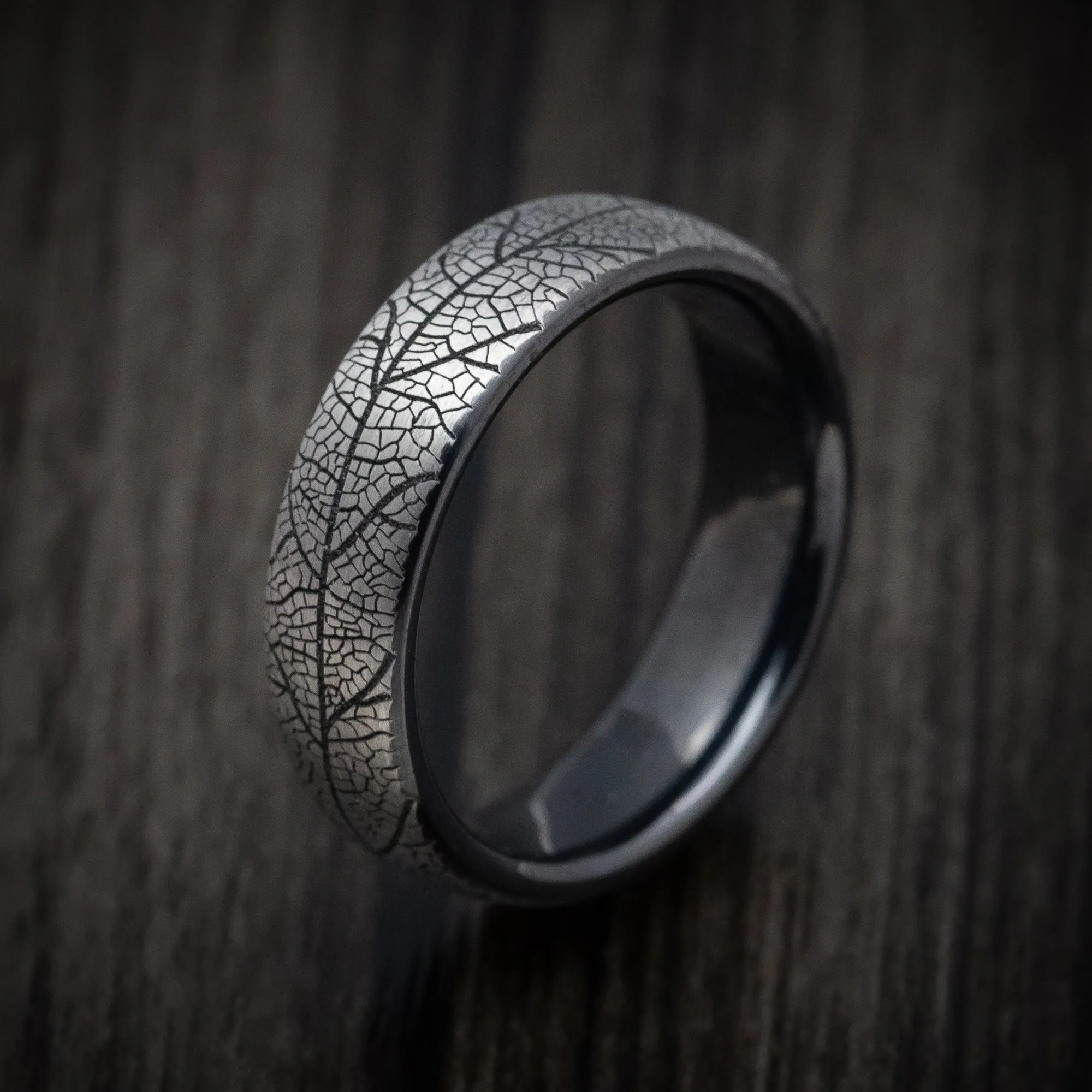 Black Titanium Leaf Pattern Mens Ring