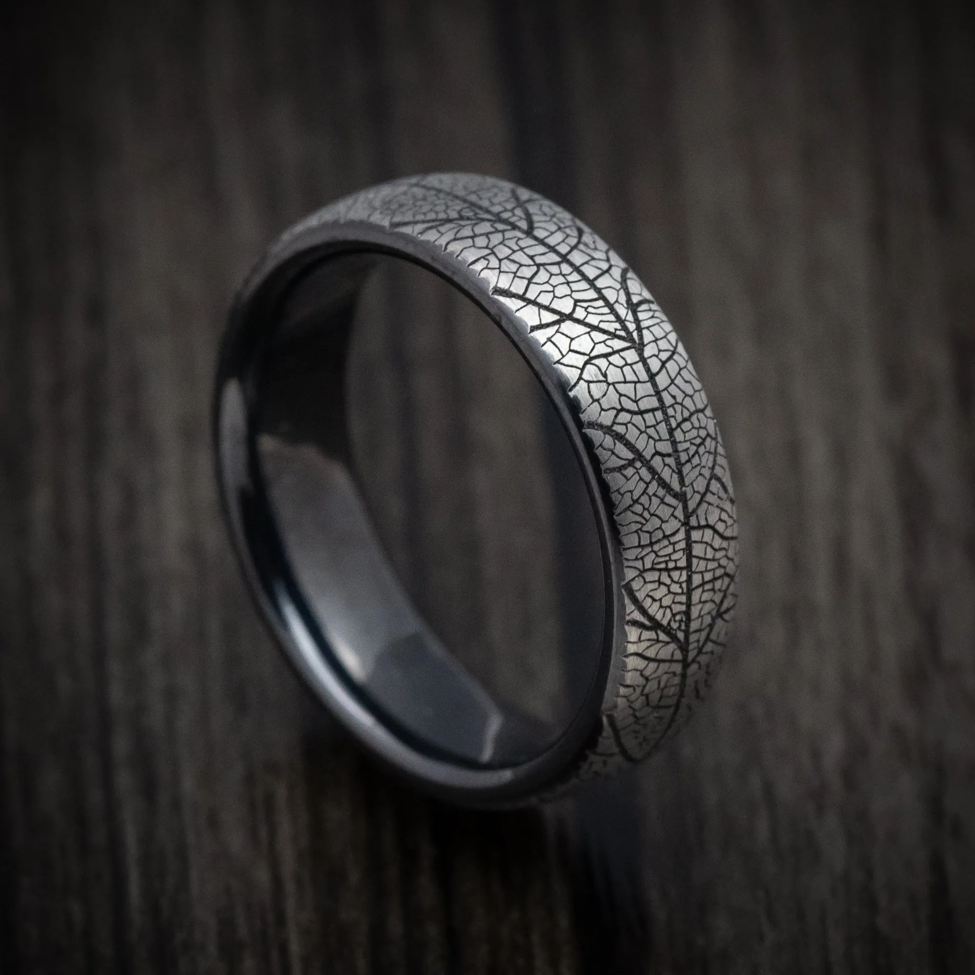 Black Titanium Leaf Pattern Mens Ring