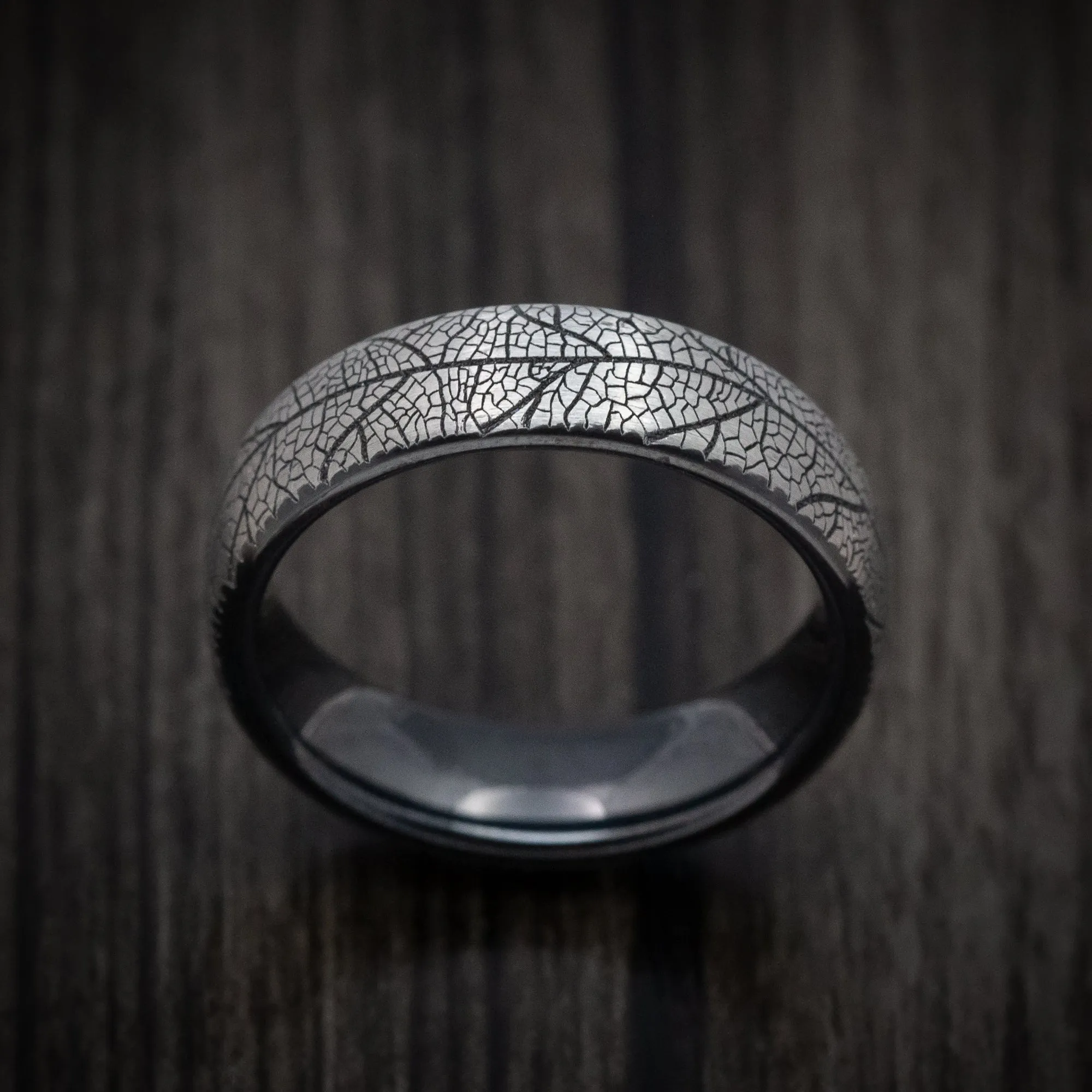 Black Titanium Leaf Pattern Mens Ring