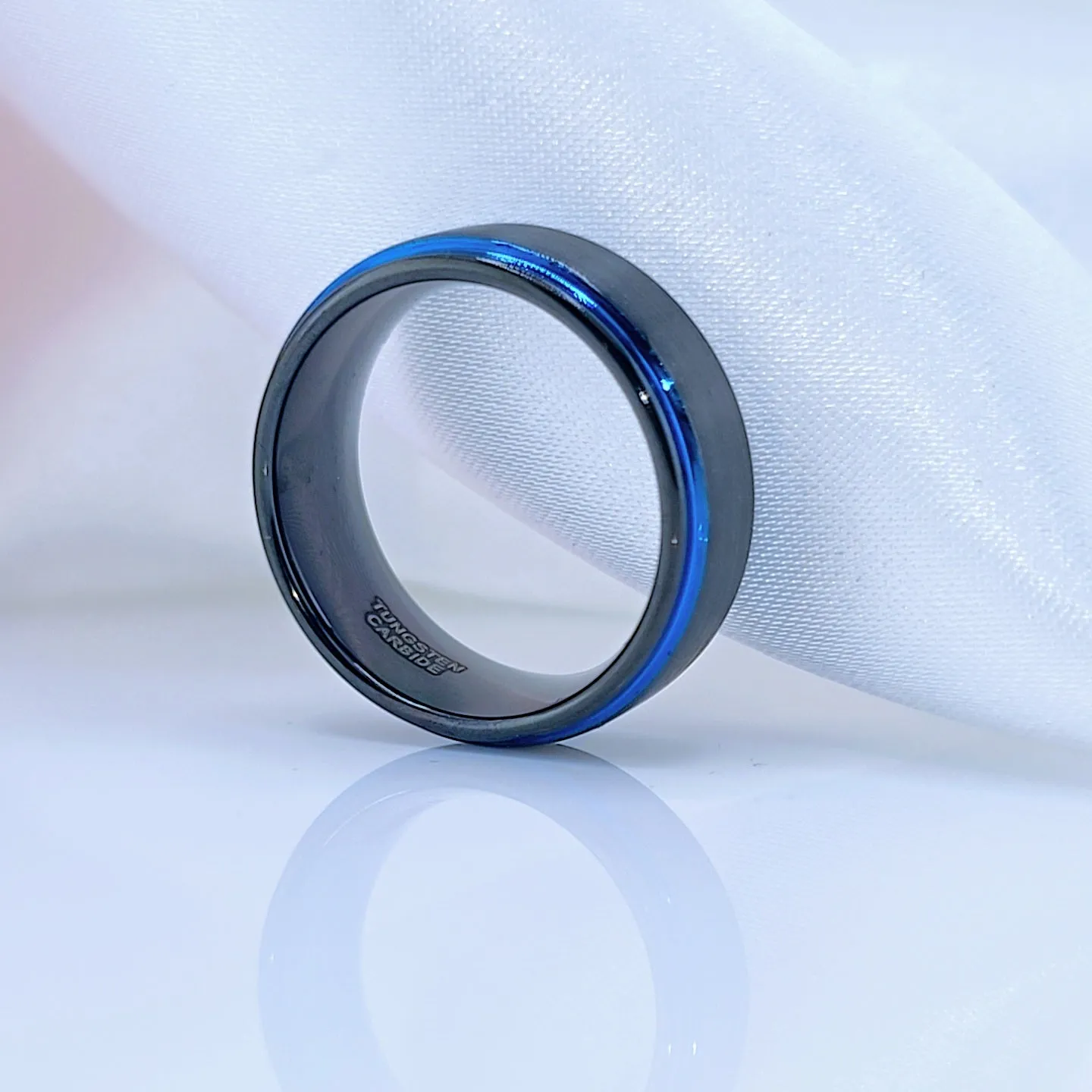 Black Tungsten Men's Wedding Band with Blue Line