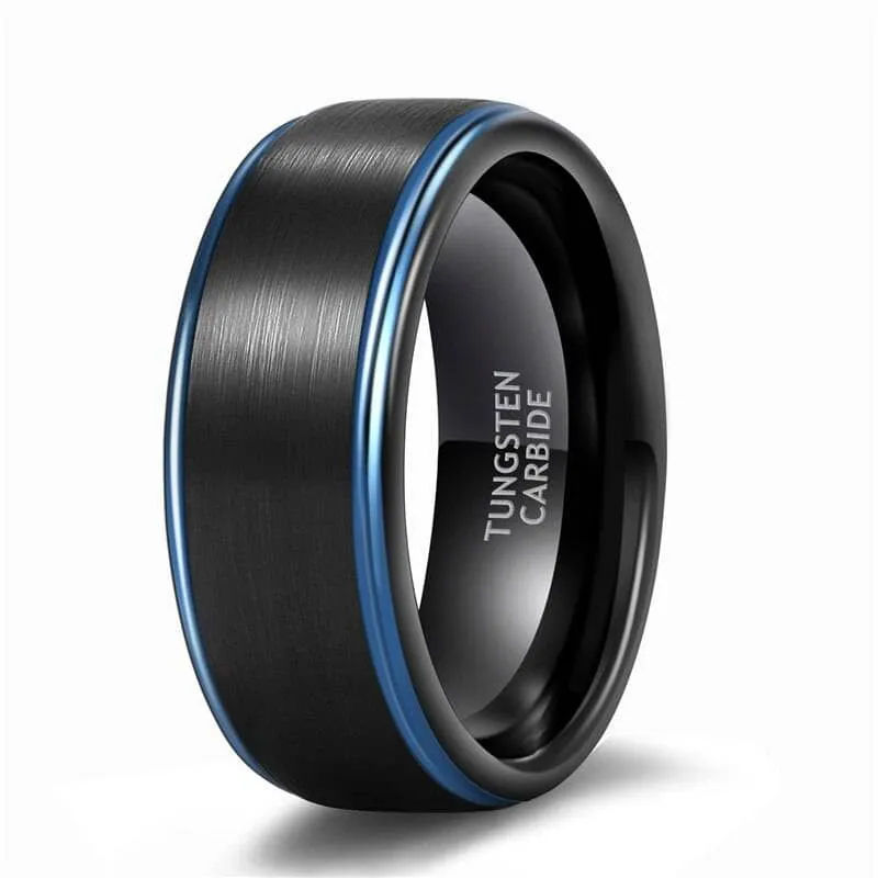 Black Tungsten Men's Wedding Band with Blue Line