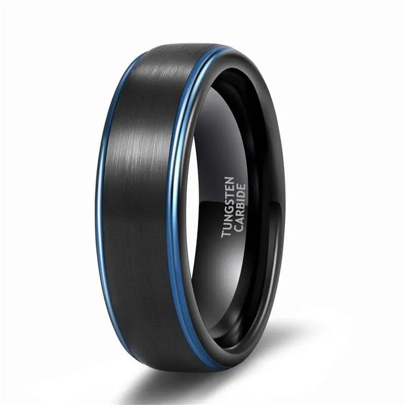 Black Tungsten Men's Wedding Band with Blue Line