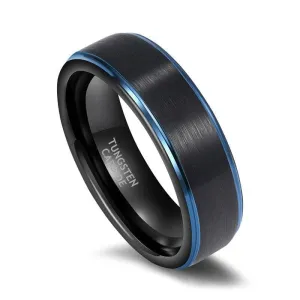 Black Tungsten Men's Wedding Band with Blue Line