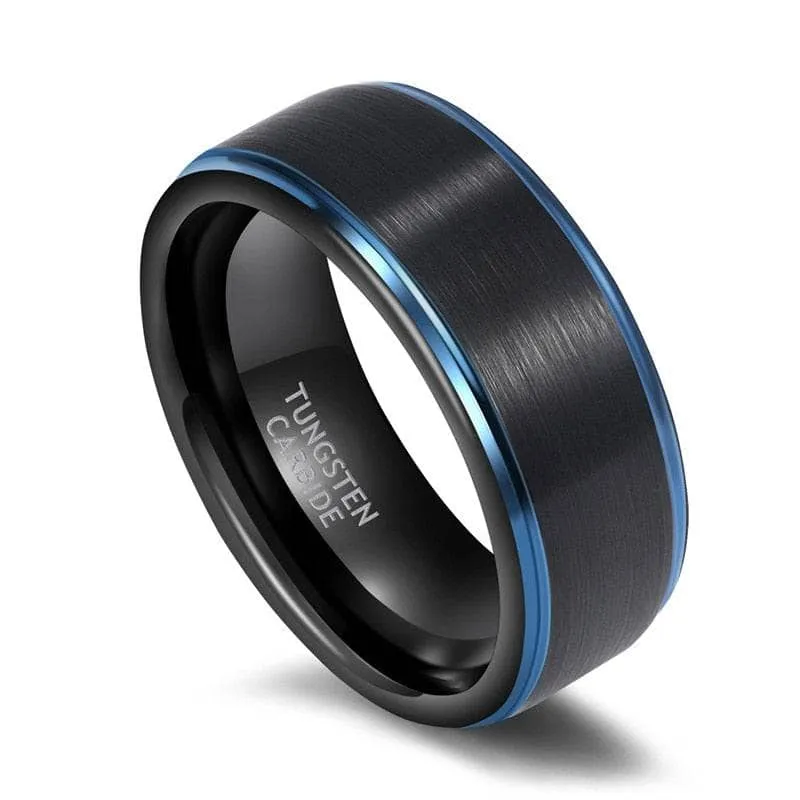 Black Tungsten Men's Wedding Band with Blue Line