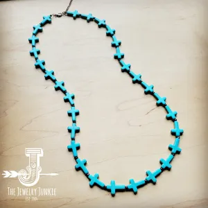 Blue Turquoise & Wood Beaded Cross Necklace 258n