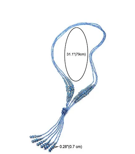 Boho Chic Lariat Necklace Tassel Pendant Pastel Blue Crystal Bead Three-strand Long Chain Y-Shape