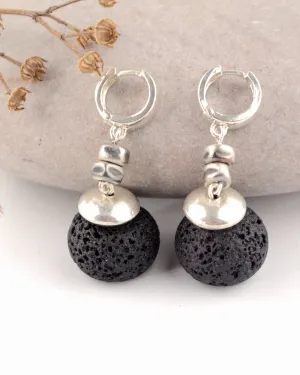 Boho silver and black lava earrings, statement earrings,