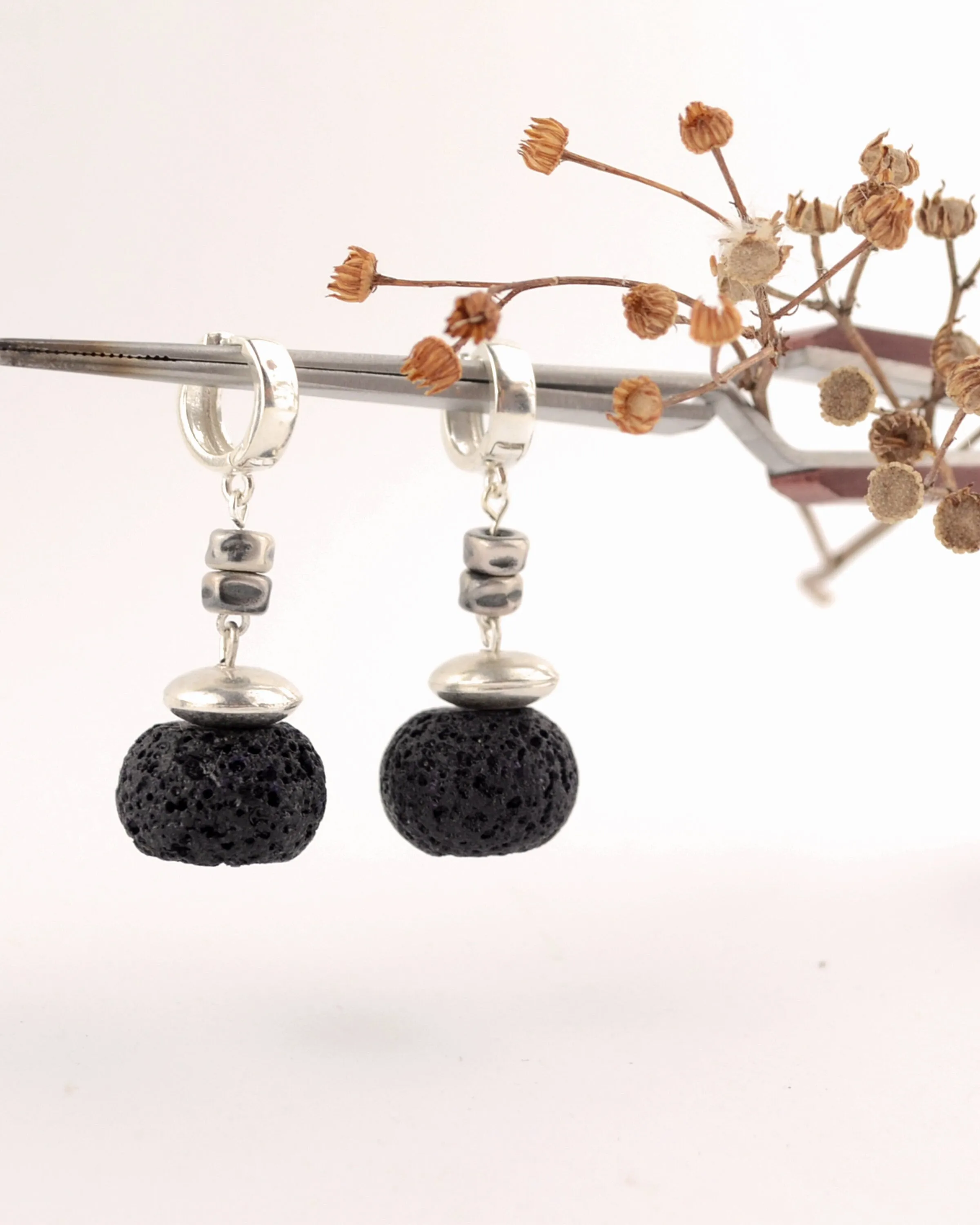 Boho silver and black lava earrings, statement earrings,