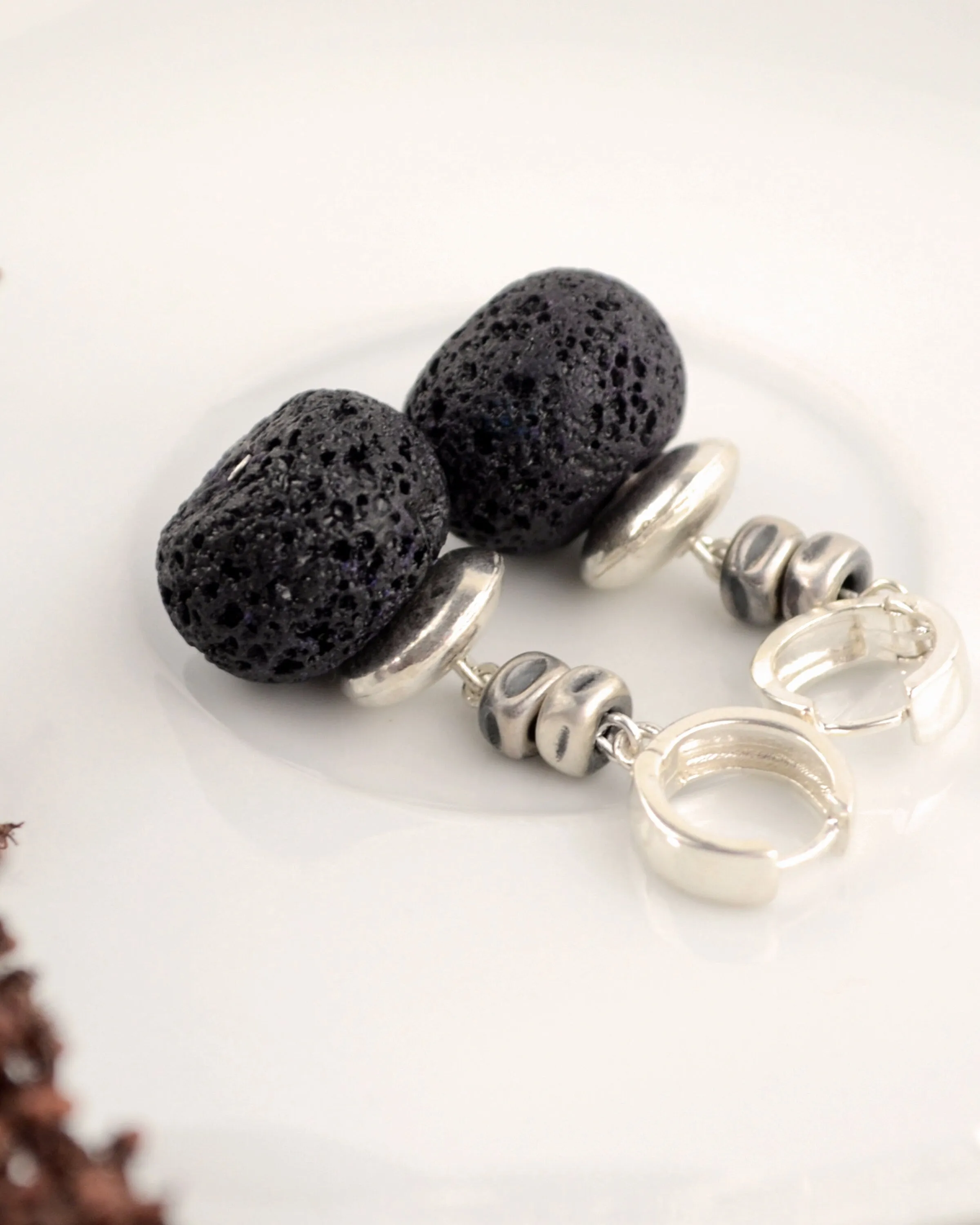 Boho silver and black lava earrings, statement earrings,