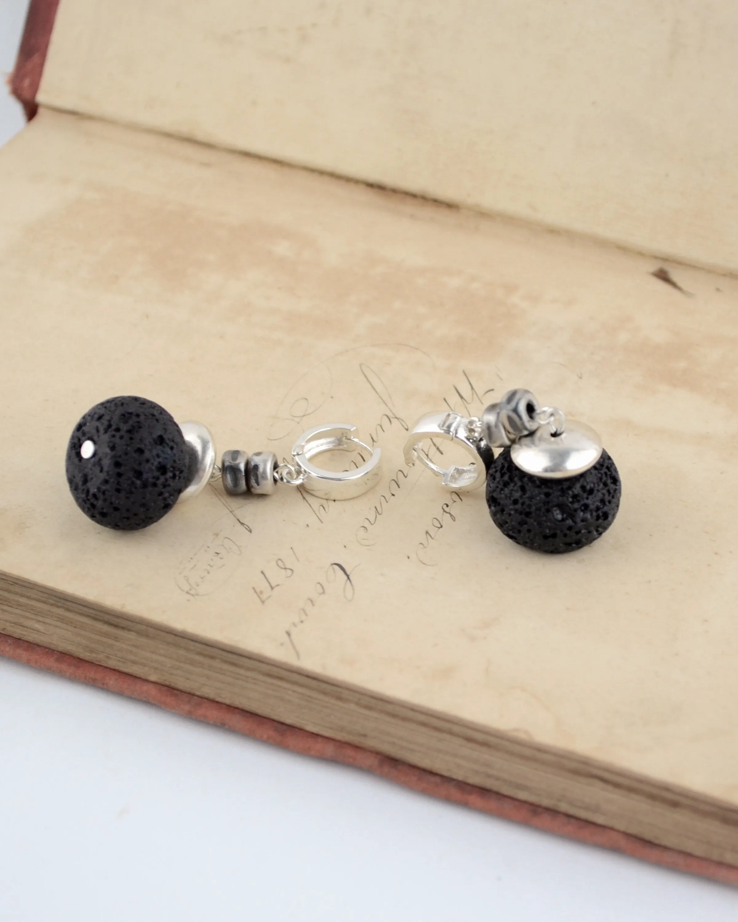 Boho silver and black lava earrings, statement earrings,