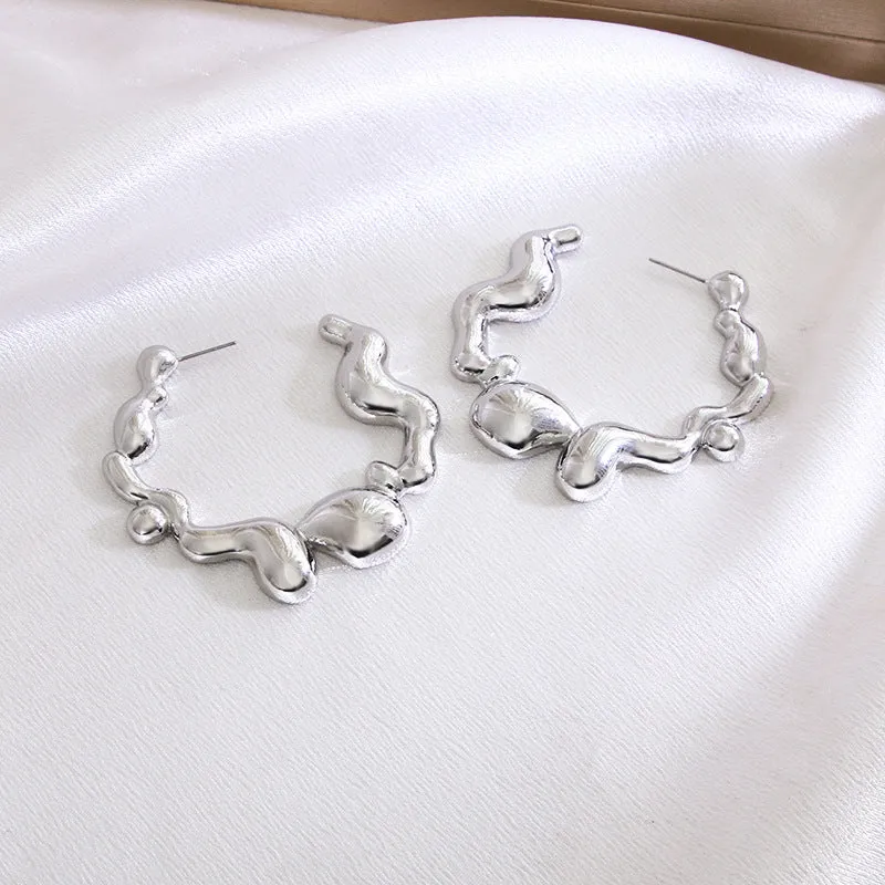 Bold Silver Abstract Hoop Earrings -jlt11745