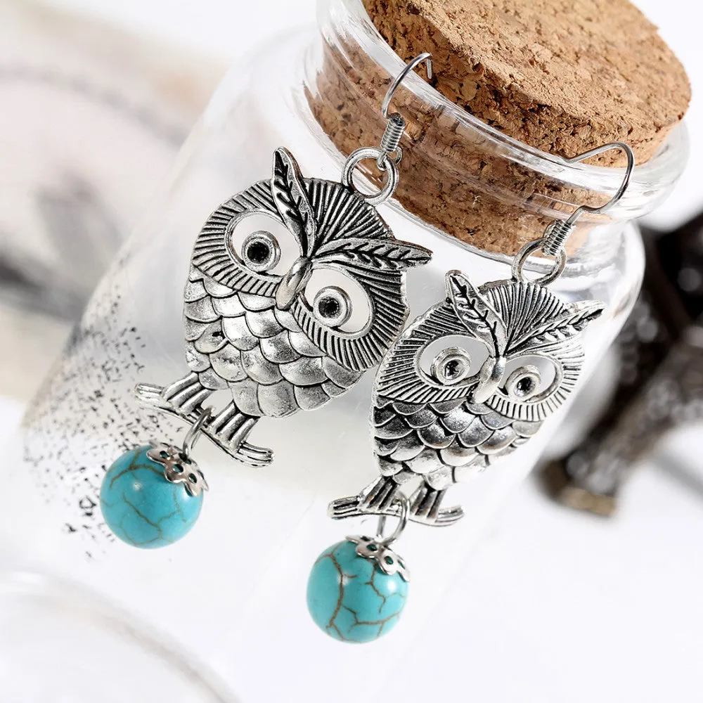 Charming Ethnic Tibetan Silver Oval Rimous Turquoise Earrings Crystal owl Drop Dangle Earring