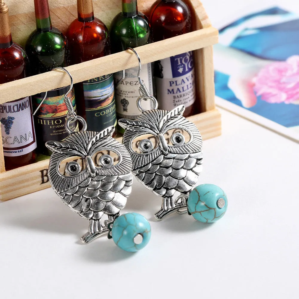 Charming Ethnic Tibetan Silver Oval Rimous Turquoise Earrings Crystal owl Drop Dangle Earring