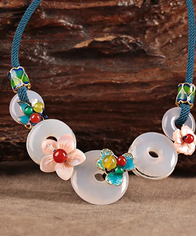 Chic White Cloisonne Shell Flower Agate Pendant Necklace