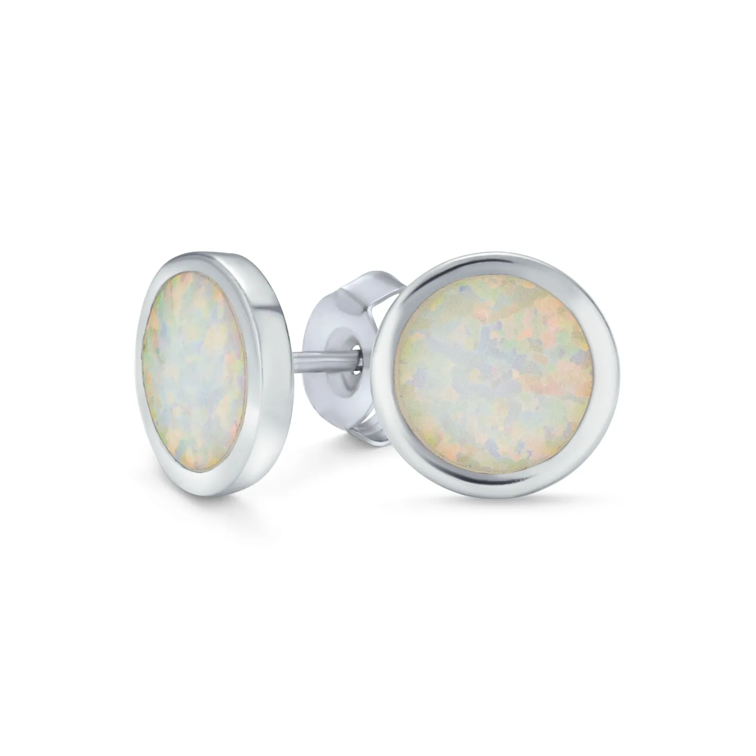 Classic Iridescent White Opal Stud Earrings in Sterling Silver, 9MM Birthstone