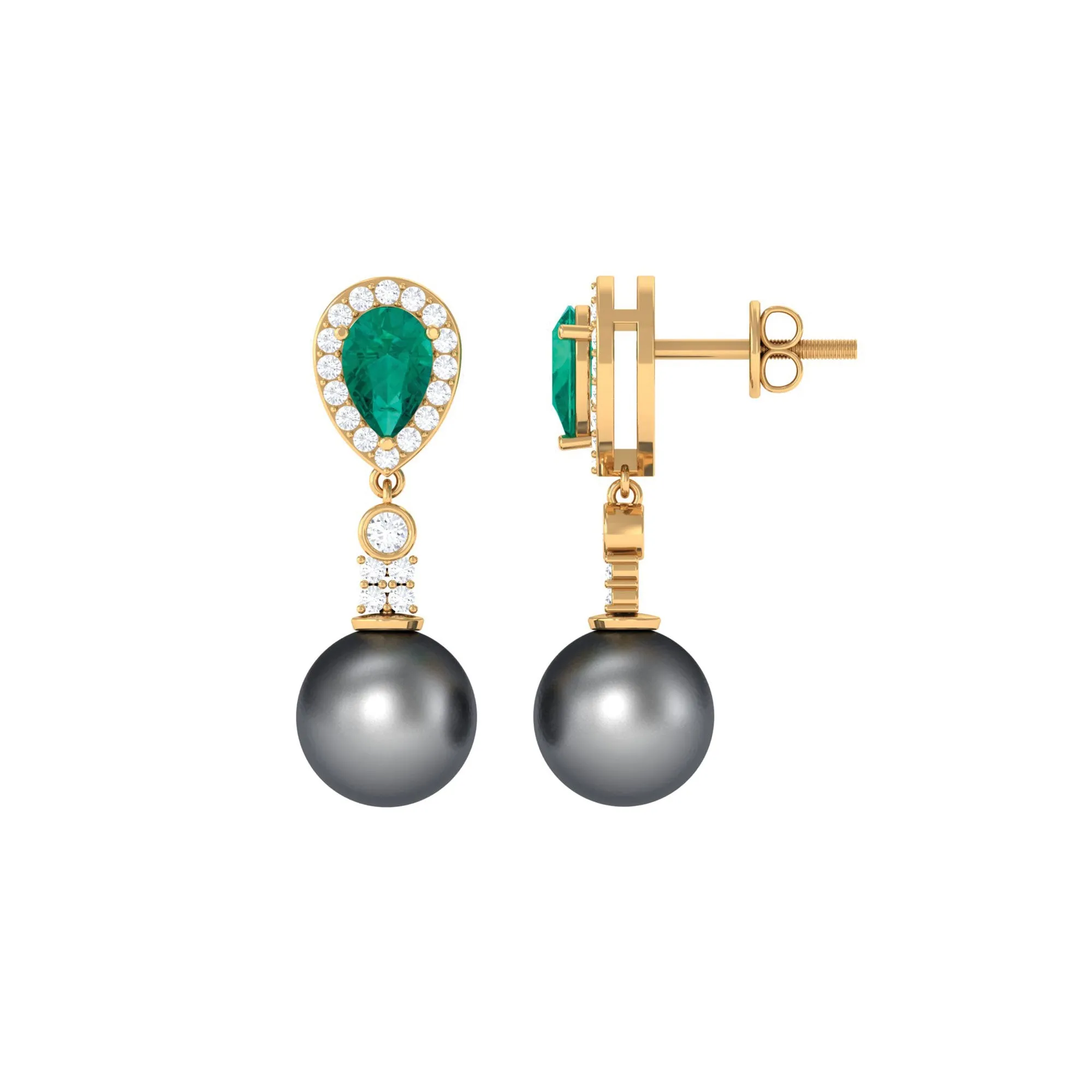 Classic Tahitian Pearl Dangle Earrings with Emerald and Diamond