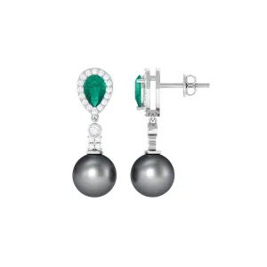 Classic Tahitian Pearl Dangle Earrings with Emerald and Diamond