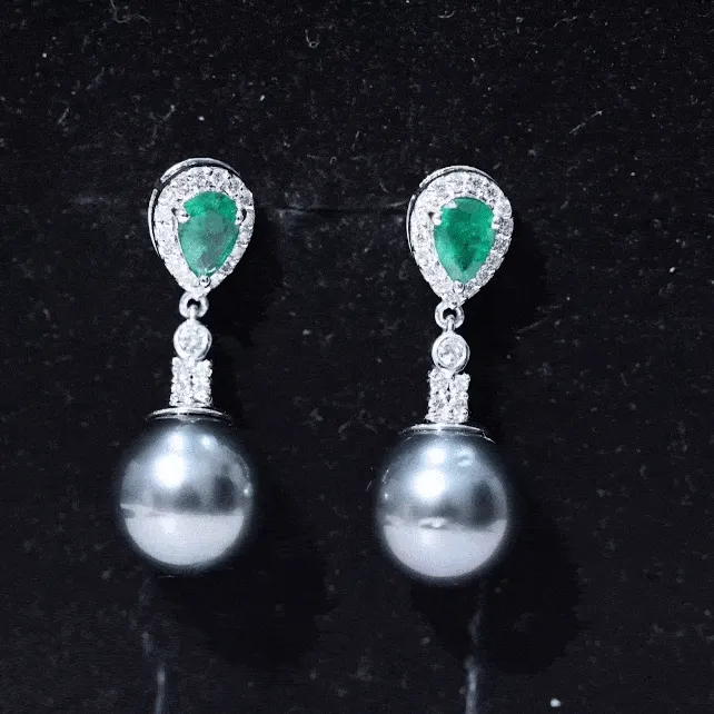 Classic Tahitian Pearl Dangle Earrings with Emerald and Diamond