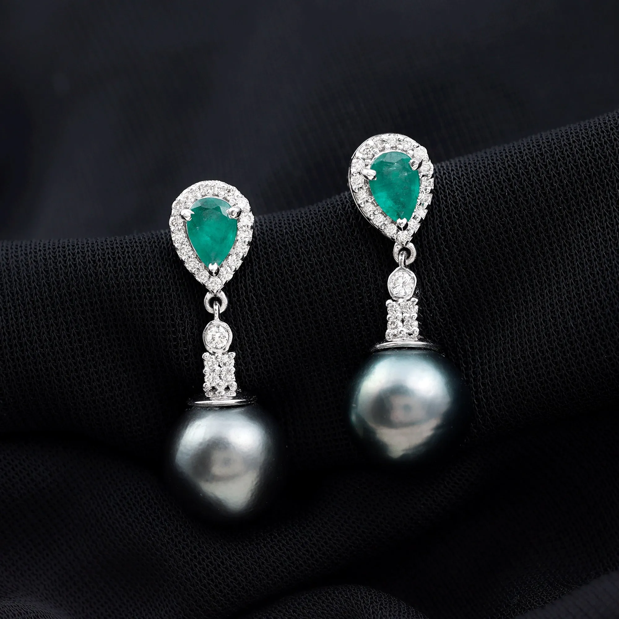 Classic Tahitian Pearl Dangle Earrings with Emerald and Diamond