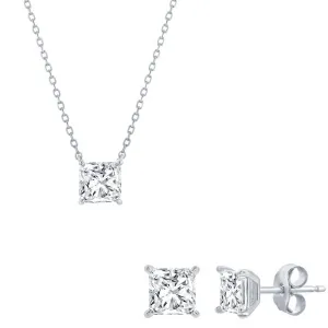 Classic Women's Necklace and Earrings Set - Silver Plated Princess Cut CZ | SET-612