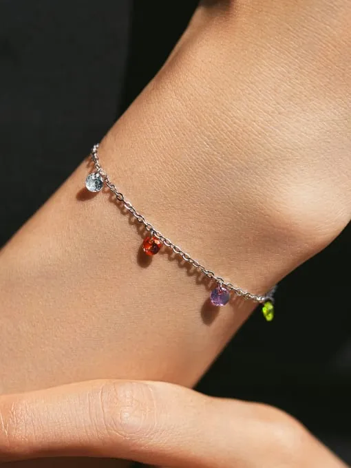 Colorful Rhinestone Bracelet, 925 Sterling Silver Rainbow Charm Dainty Silver Bracelet