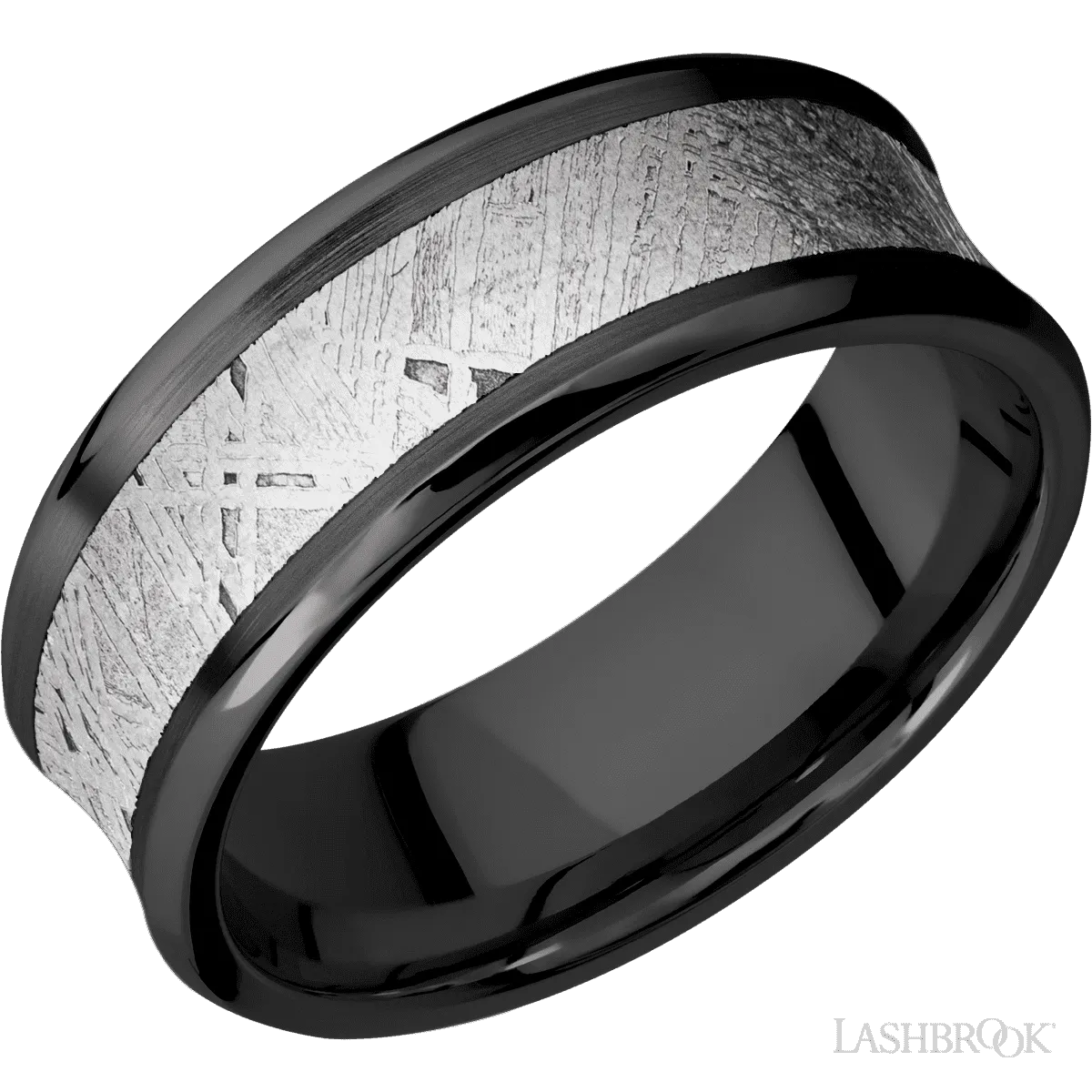 Concave Bevel Zirconium Band with Satin , Polish Finish and Meteorite Inlay - 8MM