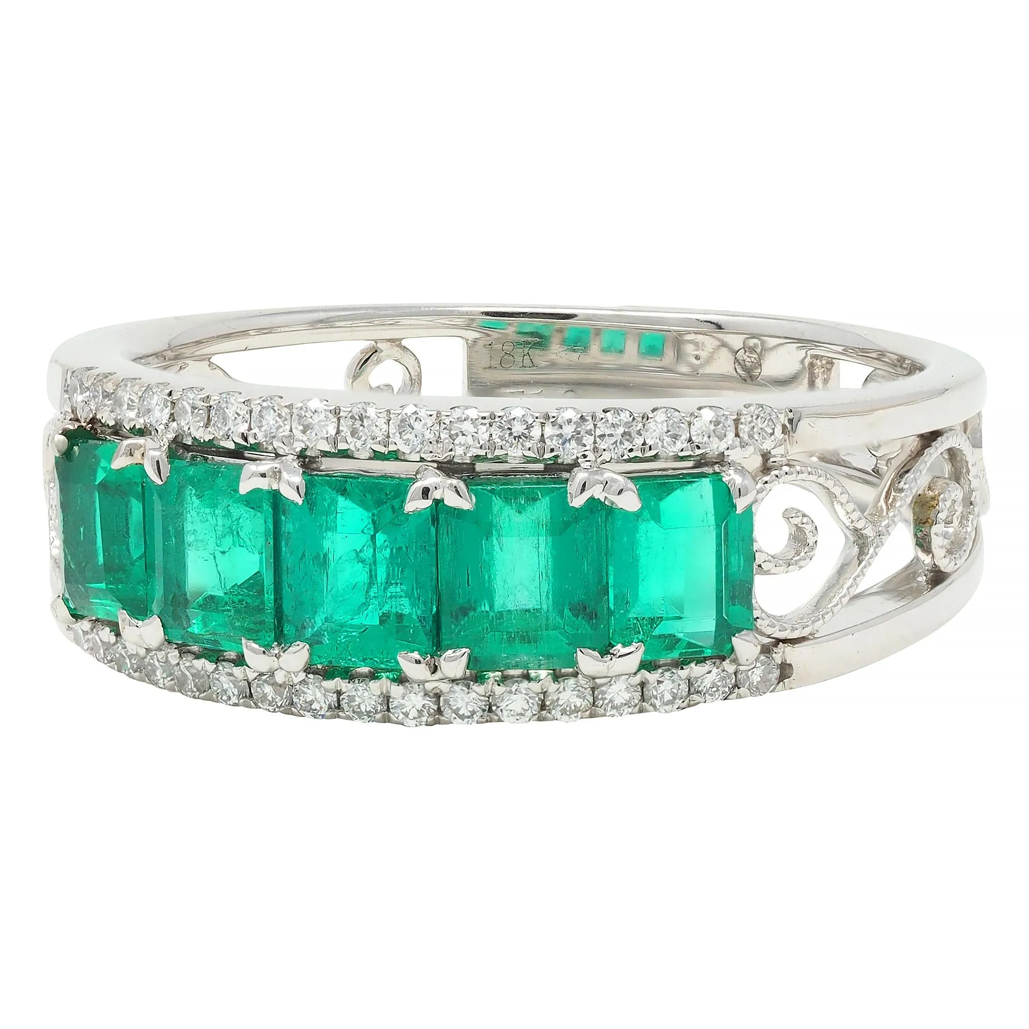 Contemporary 1.47 CTW Emerald Diamond 18 Karat White Gold Heart Band Ring