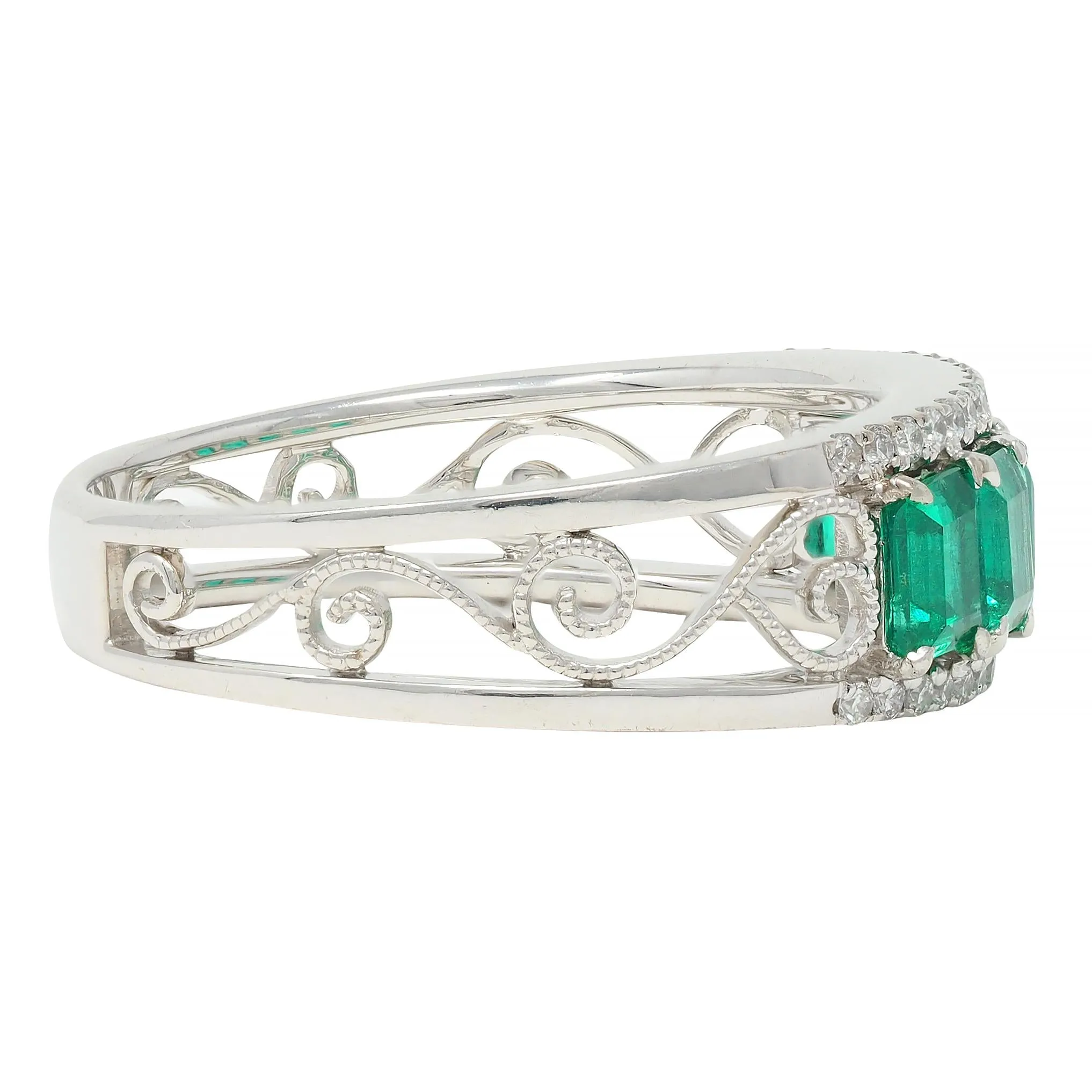 Contemporary 1.47 CTW Emerald Diamond 18 Karat White Gold Heart Band Ring