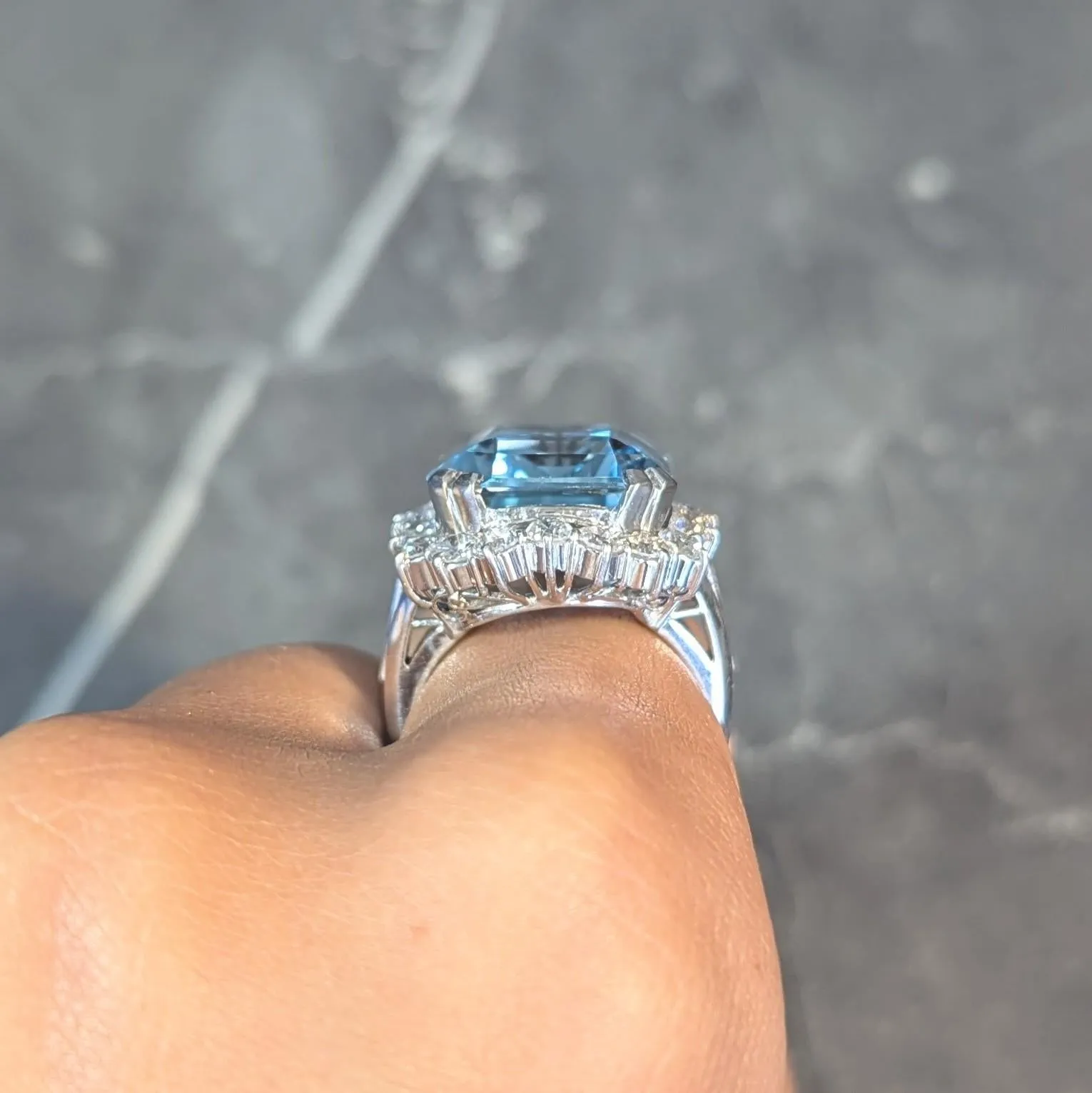 Contemporary 19.42 CTW Aquamarine Diamond Platinum Halo Cocktail Ring