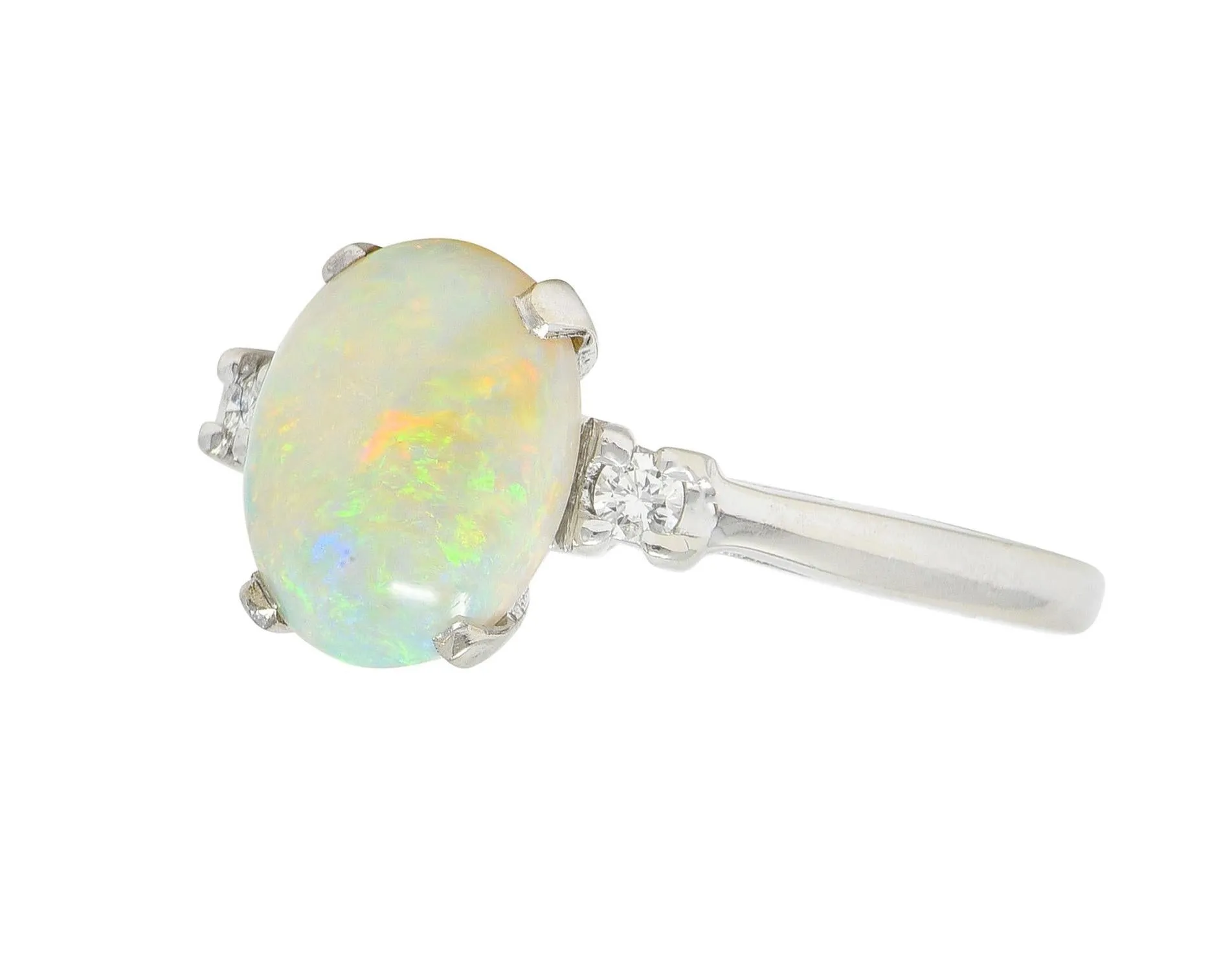 Contemporary Opal Diamond 14 Karat White Gold Three Stone Ring